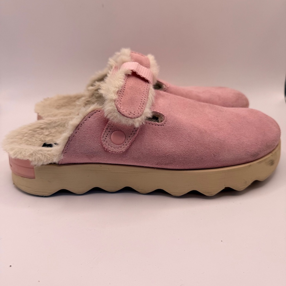 Sorel‎ Viibe Cozy Clog Pink Suede Faux Fur Platform Mules NL5060-688 Womens 9.5